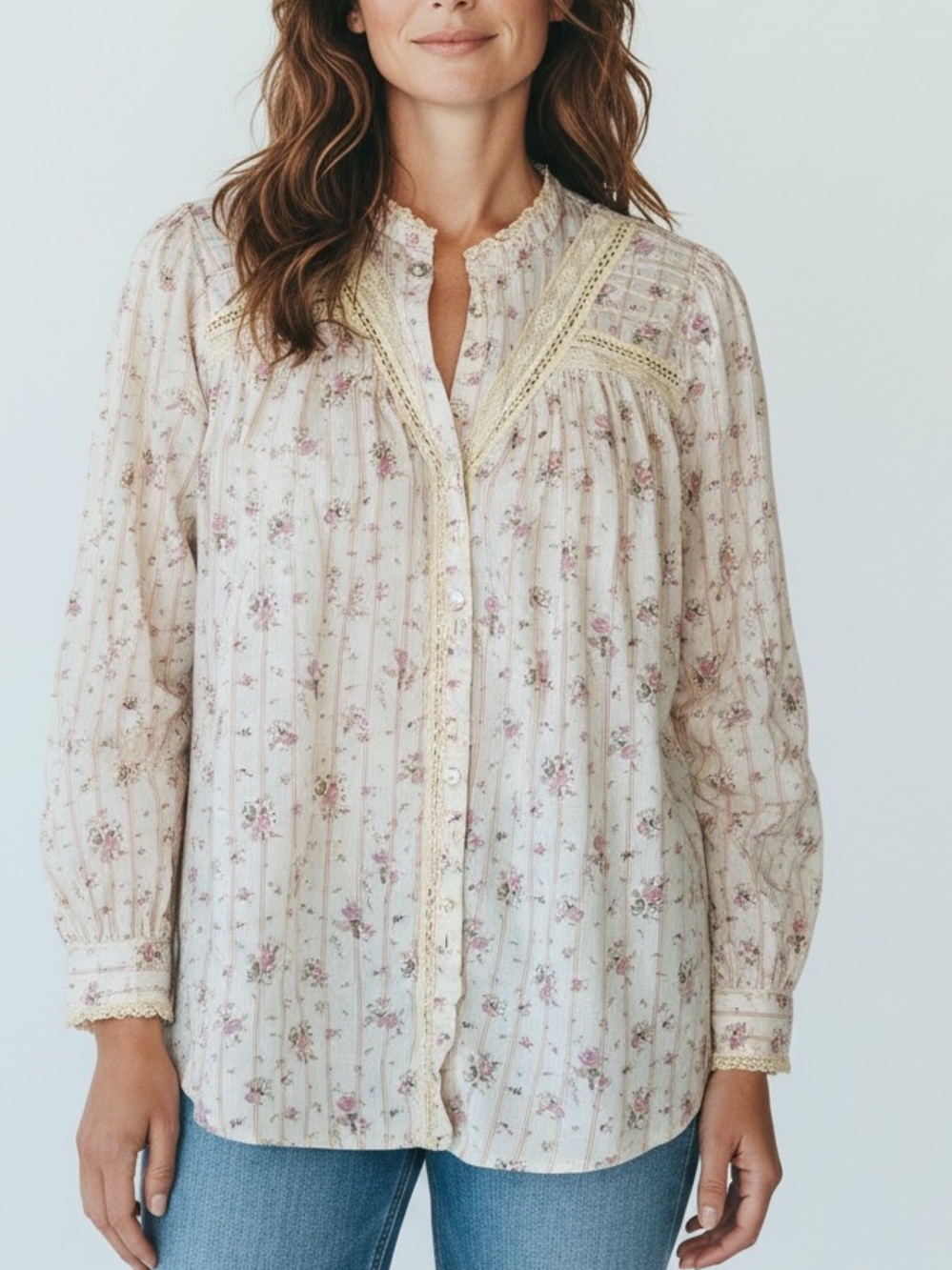 ba&sh Cream Button-Front Blouse with Pink Floral Print romantic